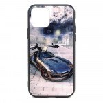 Wholesale iPhone 11 Pro (5.8in) Design Tempered Glass Hybrid Case (Silver Race Car)